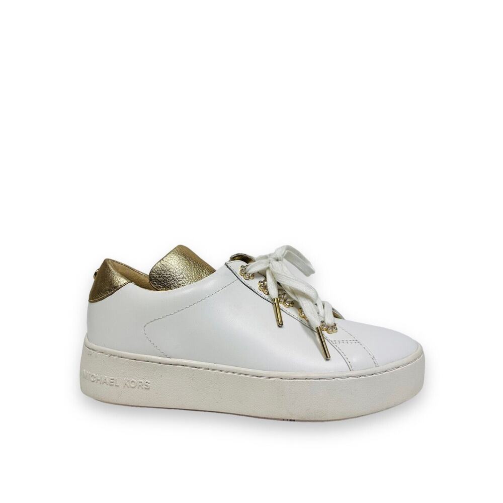 MICHAEL KORS White Gold Leather Irving Floral Accent Logo Lace Up Sneakers 6.5 - Picture 1 of 7